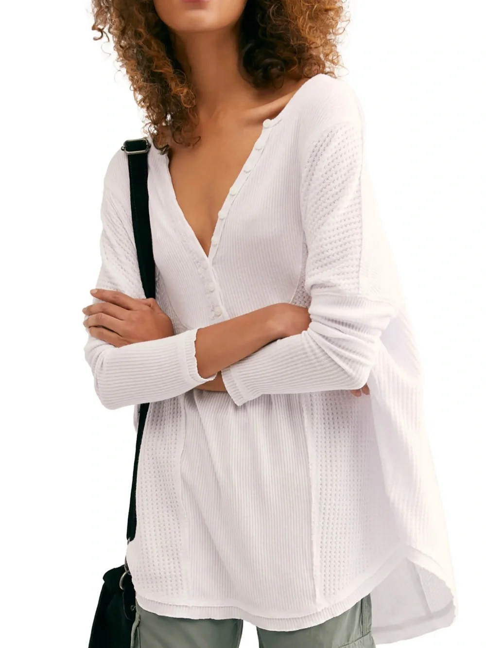 Free People Leo Henley Long Sleeve Tee Oversized White Size Medium